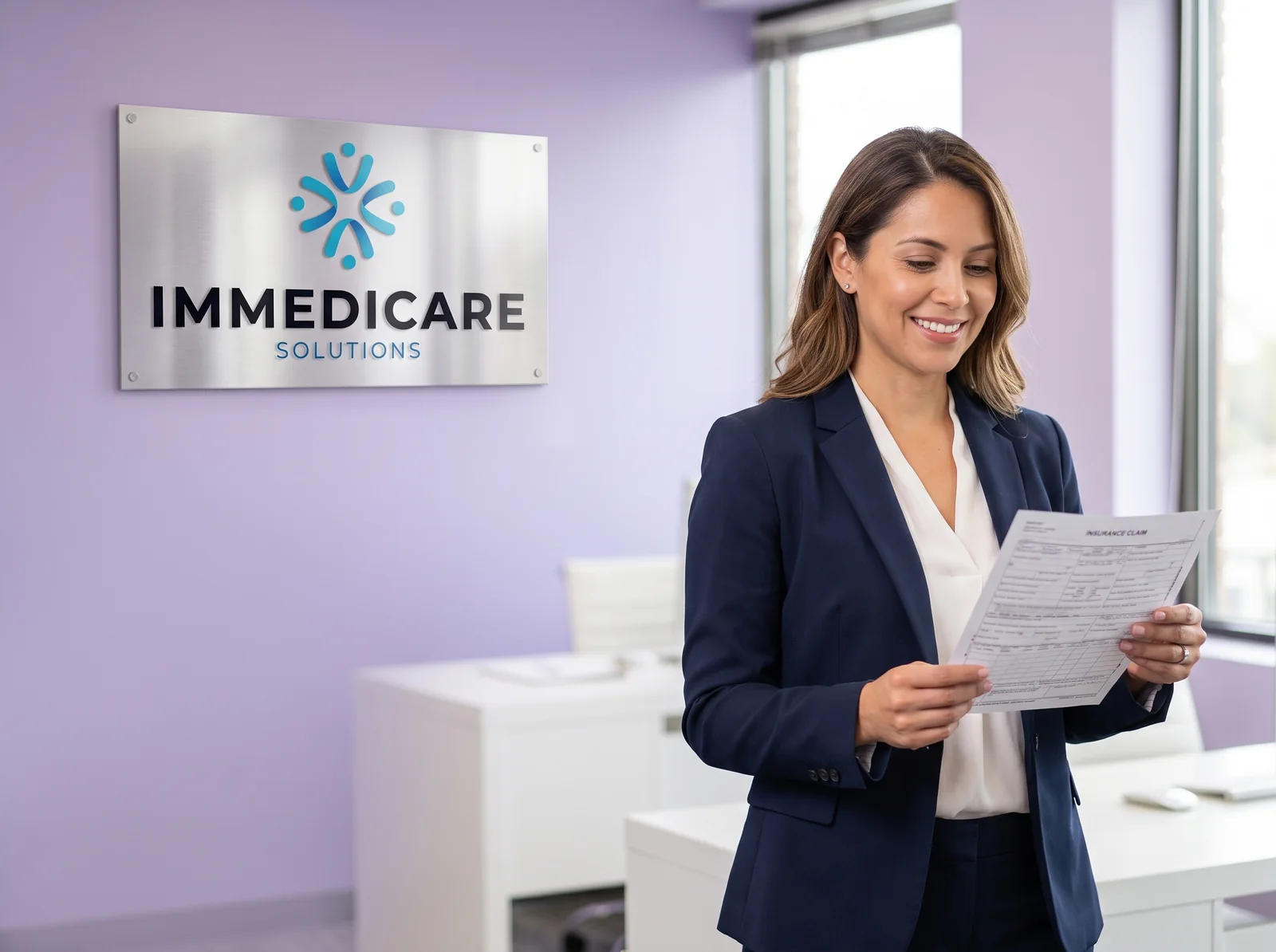 Professional ImmediCare Solutions medical billing specialist reviewing an insurance claim in the office, ImmediCare logo on the wall